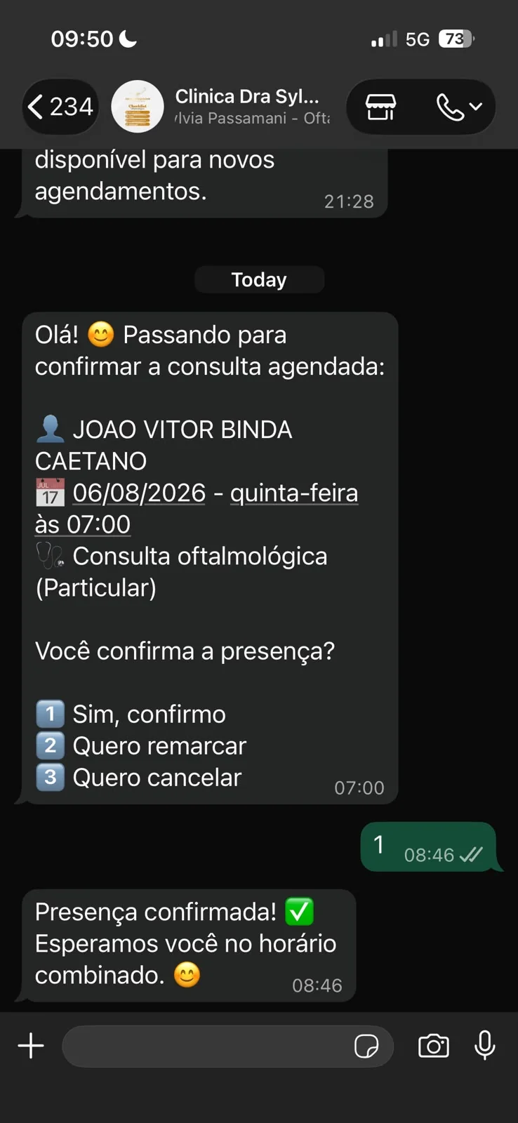 Exemplo real de mensagem com data da consulta e opções de confirmar, remarcar ou cancelar